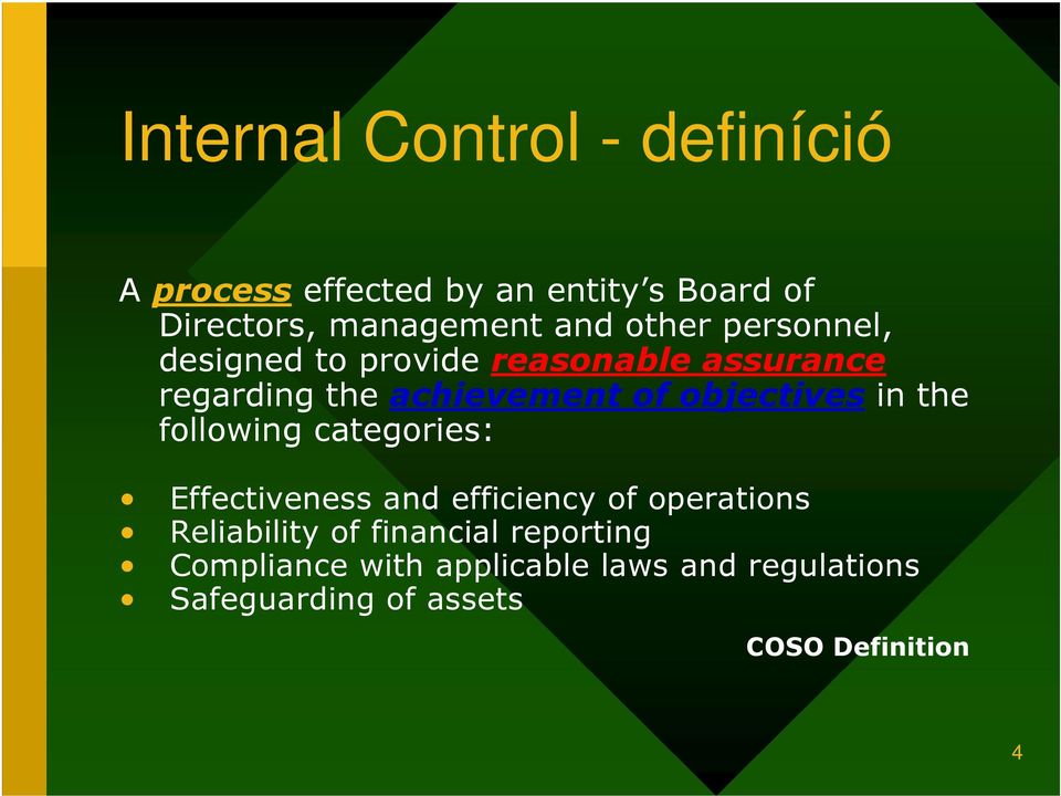 in the following categories: Effectiveness and efficiency of operations Reliability of financial