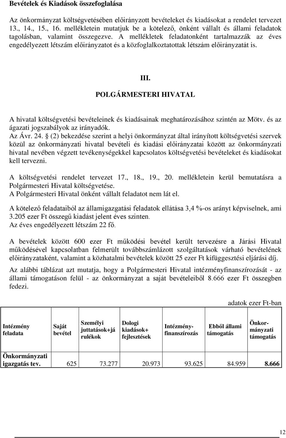 A mellékletek feladatonként tartalmazzák az éves engedélyezett létszám előirányzatot és a közfoglalkoztatottak létszám előirányzatát is. III.