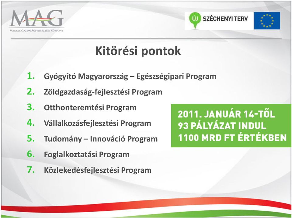Zöldgazdaság-fejlesztési Program 3. Otthonteremtési Program 4.
