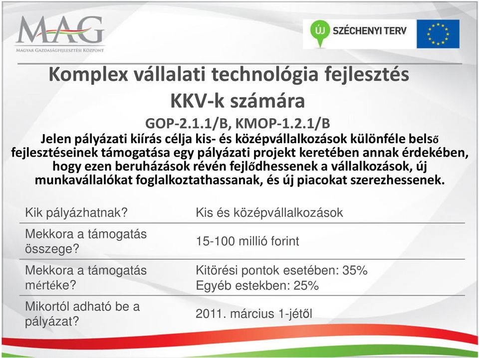 1/B Jelen pályázati kiírás célja kis- és középvállalkozások különféle belső fejlesztéseinek támogatása egy pályázati projekt keretében