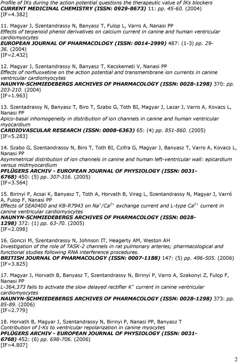 (ISSN: 0014-2999) 487: (1-3) pp. 29-36. (2004) [IF=2.432] 12.
