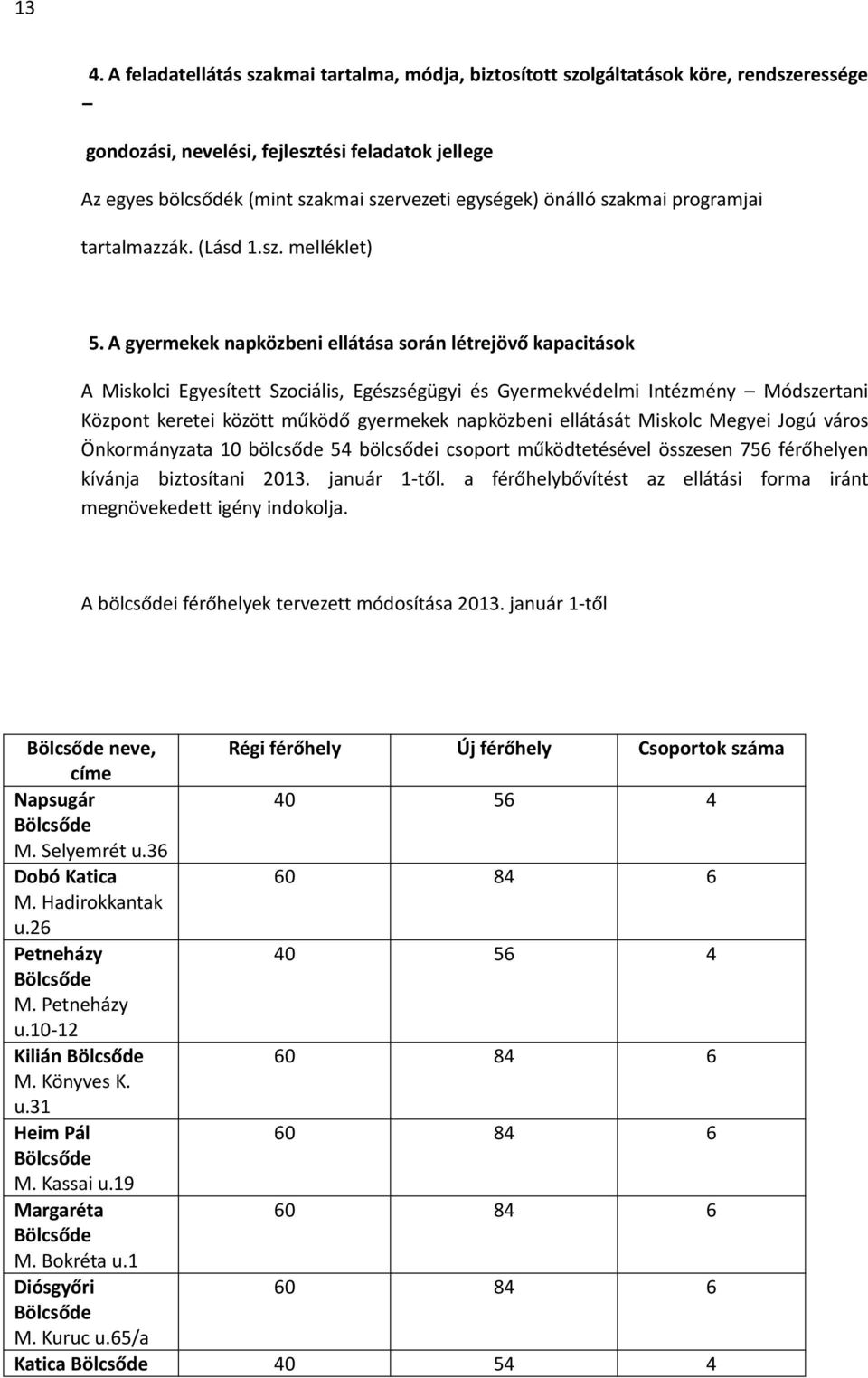 A gyermekek napközbeni ellátása során létrejövő kapacitások A Miskolci Egyesített Szociális, Egészségügyi és Gyermekvédelmi Intézmény Módszertani Központ keretei között működő gyermekek napközbeni