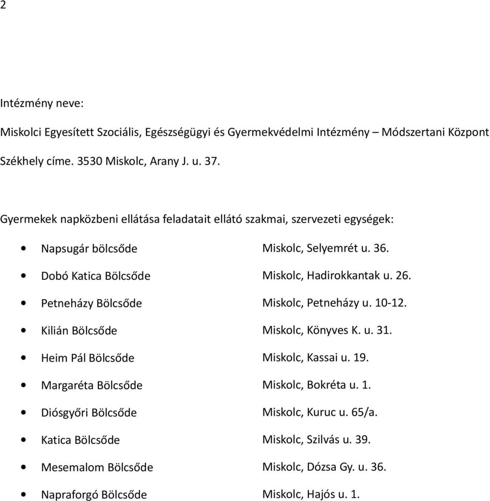 Dobó Katica Miskolc, Hadirokkantak u. 26. Petneházy Miskolc, Petneházy u. 10-12. Kilián Miskolc, Könyves K. u. 31. Heim Pál Miskolc, Kassai u. 19.