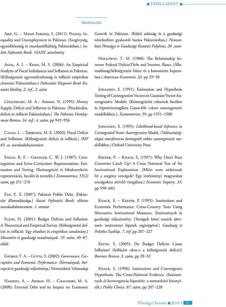 ) Pakisztáni Központi Bank Kutatási közlöny. 2. évf., 2. szám Chaudhary, M. A Ahmad, N. (1995): Money Supply, Deficit and Inflation in Pakistan. (Pénzkínálat, deficit és infláció Pakisztánban.