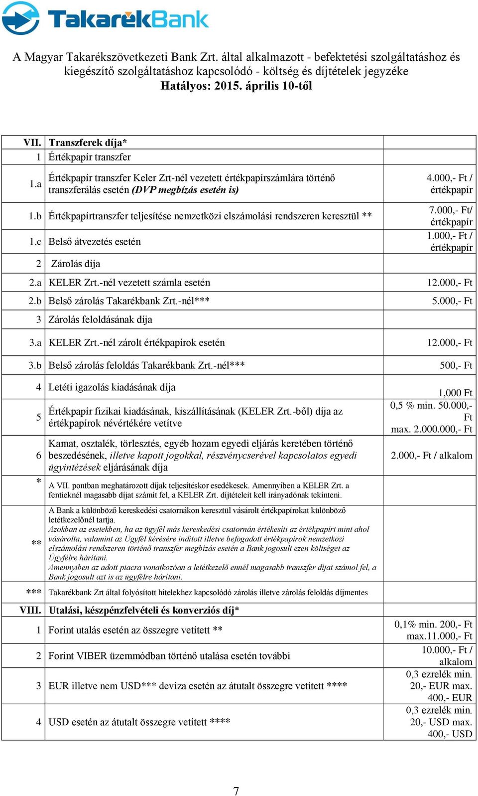 -nél vezetett számla esetén 12.000,- Ft 2.b Belső zárolás Takarékbank Zrt.-nél*** 5.000,- Ft 3 Zárolás feloldásának díja 3.a KELER Zrt.-nél zárolt értékpapírok esetén 12.000,- Ft 3.b Belső zárolás feloldás Takarékbank Zrt.