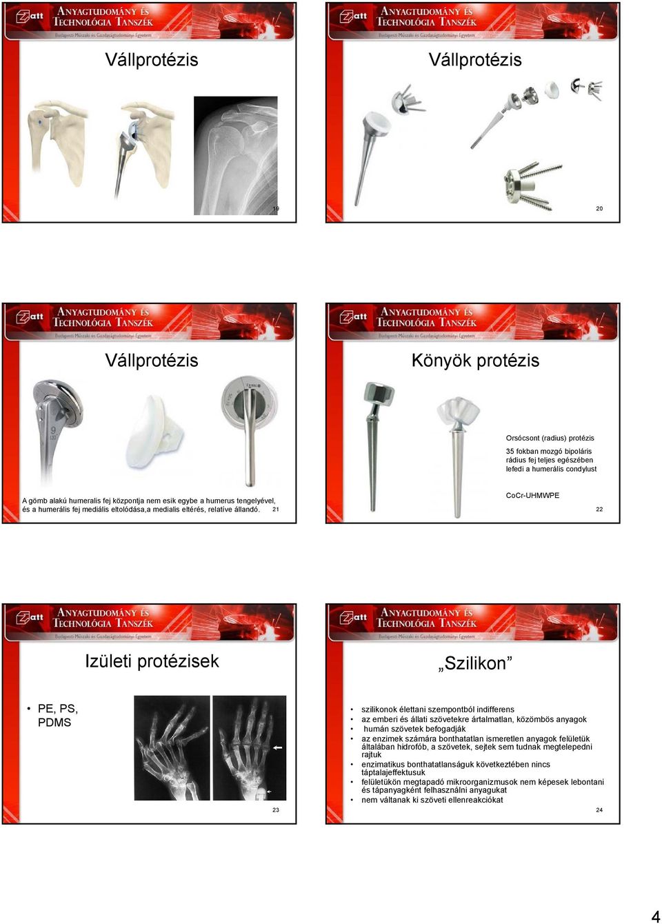 21 CoCr-UHMWPE 22 Izületi protézisek Szilikon PE, PS, PDMS 23 szilikonok élettani szempontból indifferens az emberi és állati szövetekre ártalmatlan, közömbös anyagok humán szövetek befogadják az
