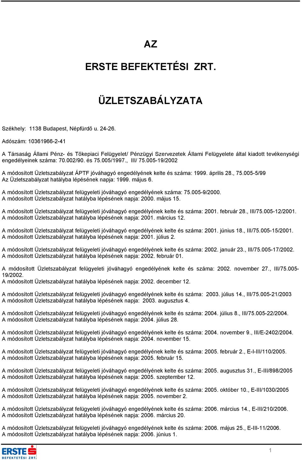 005-19/2002 A módosított Üzletszabályzat ÁPTF jóváhagyó engedélyének kelte és száma: 1999. április 28., 75.005-5/99 Az Üzletszabályzat hatályba lépésének napja: 1999. május 6.