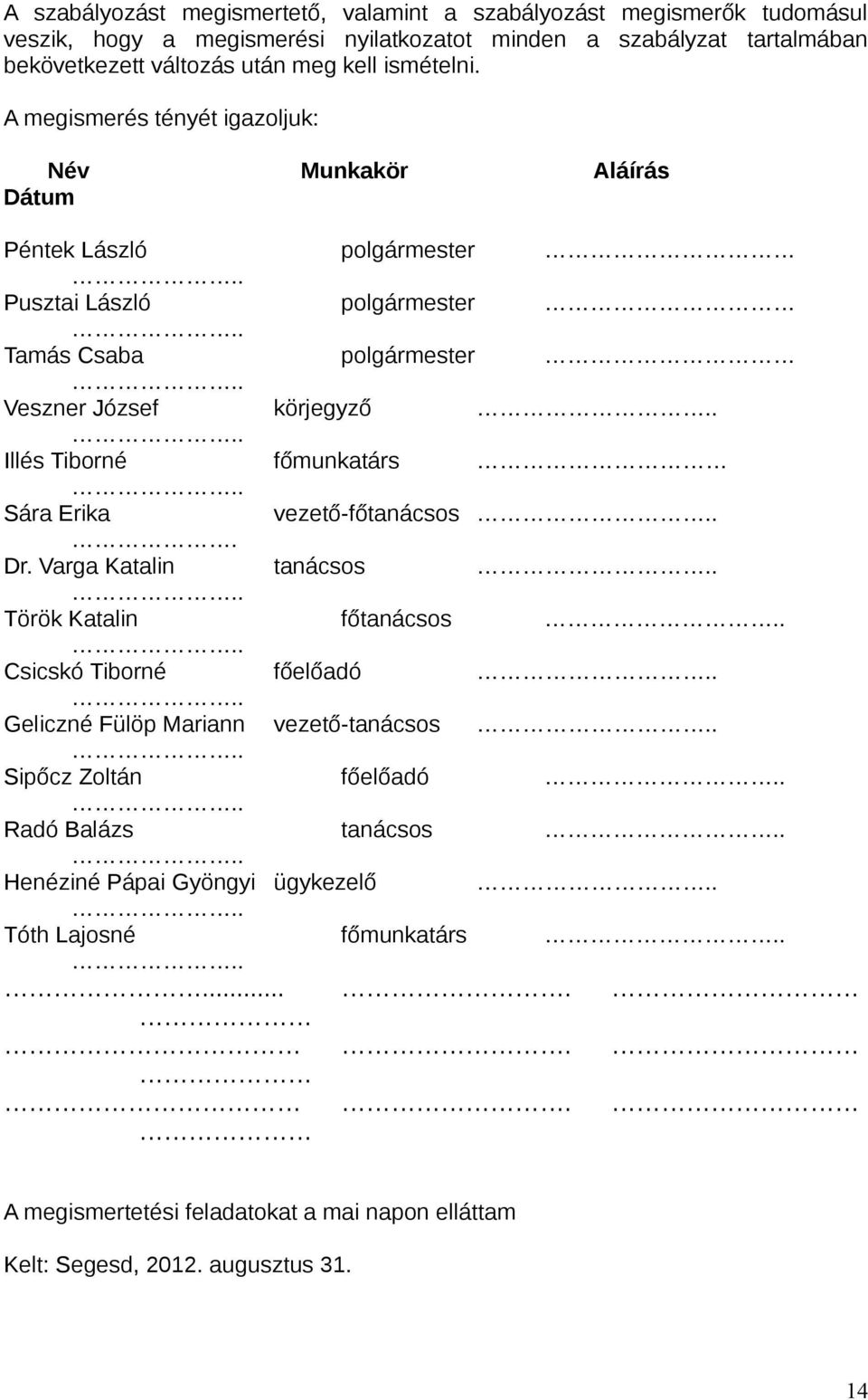 A megismerés tényét igazoljuk: Név Munkakör Aláírás Dátum Péntek László polgármester Pusztai László polgármester Tamás Csaba polgármester Veszner József körjegyző Illés Tiborné
