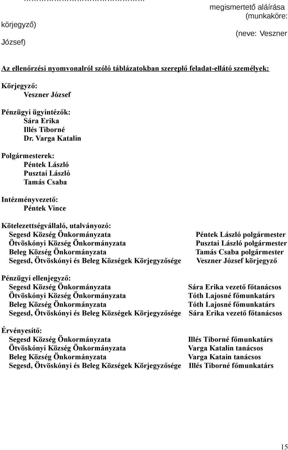 Varga Katalin Polgármesterek: Péntek László Pusztai László Tamás Csaba Intézményvezető: Péntek Vince Kötelezettségvállaló, utalványozó: Segesd Község Önkormányzata Ötvöskónyi Község Önkormányzata