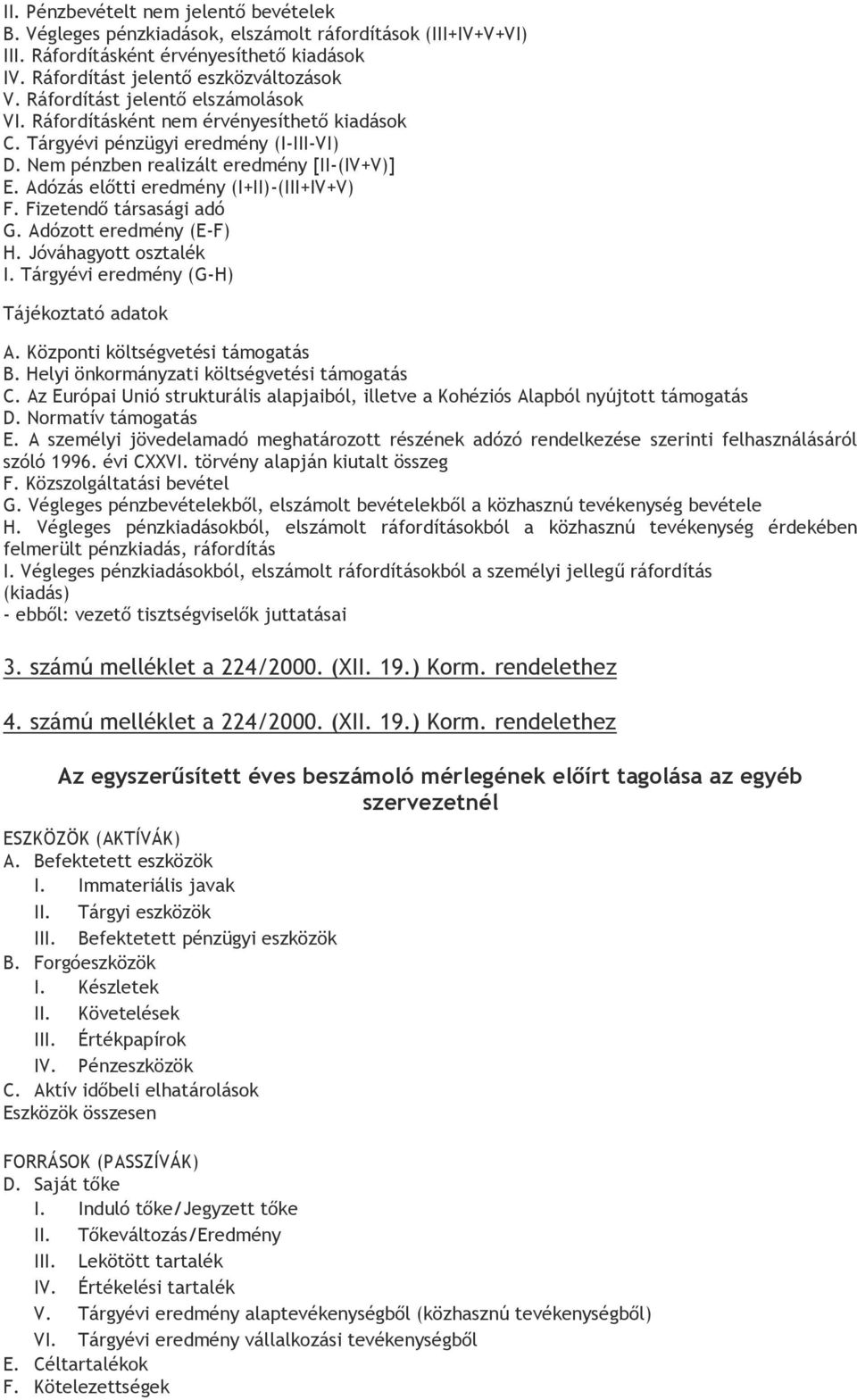 Adózás előtti eredmény (I+II)-(III+IV+V) F. Fizetendő társasági adó G. Adózott eredmény (E-F) H. Jóváhagyott osztalék I. Tárgyévi eredmény (G-H) Tájékoztató adatok A.