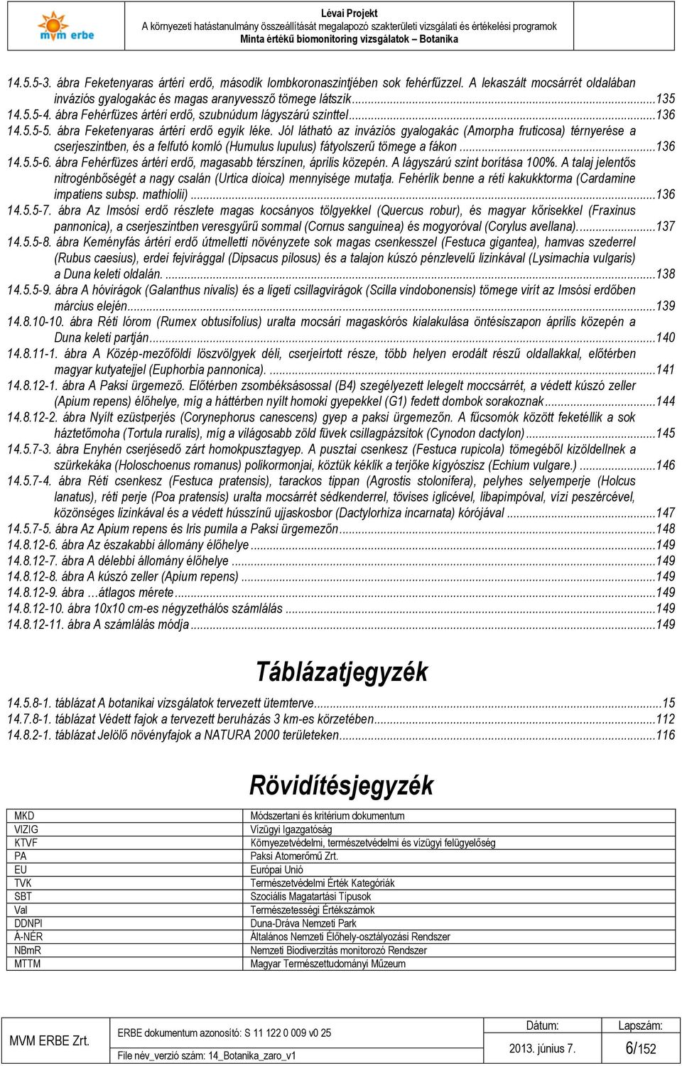 Jól látható az inváziós gyalogakác (Amorpha fruticosa) térnyerése a cserjeszintben, és a felfutó komló (Humulus lupulus) fátyolszerű tömege a fákon...136 14.5.5-6.