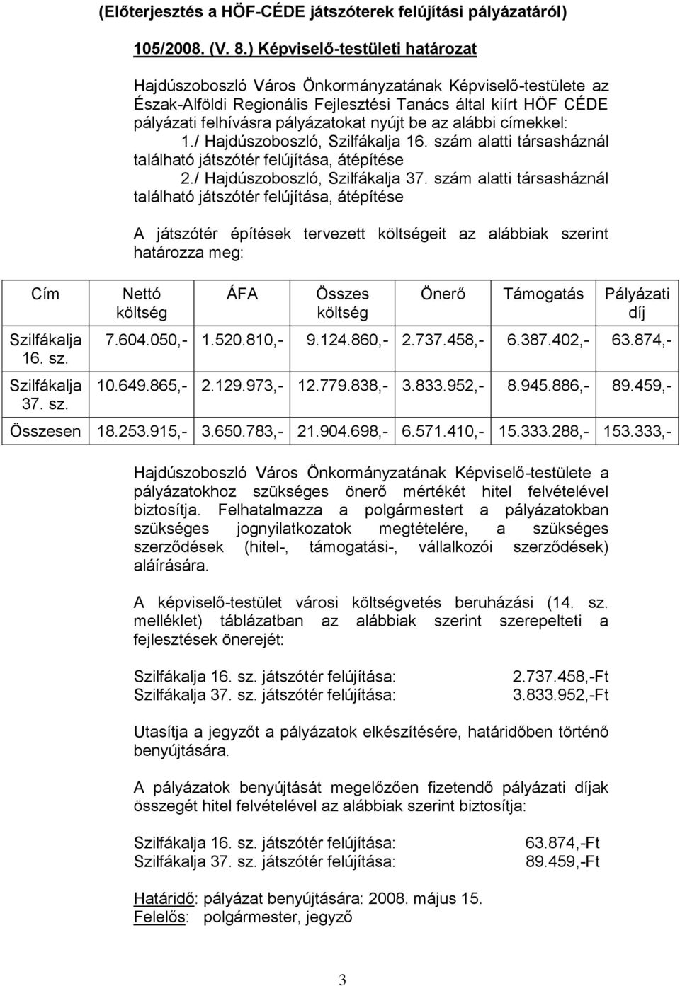 be az alábbi címekkel: 1./ Hajdúszoboszló, Szilfákalja 16. szám alatti társasháznál található játszótér felújítása, átépítése 2./ Hajdúszoboszló, Szilfákalja 37.