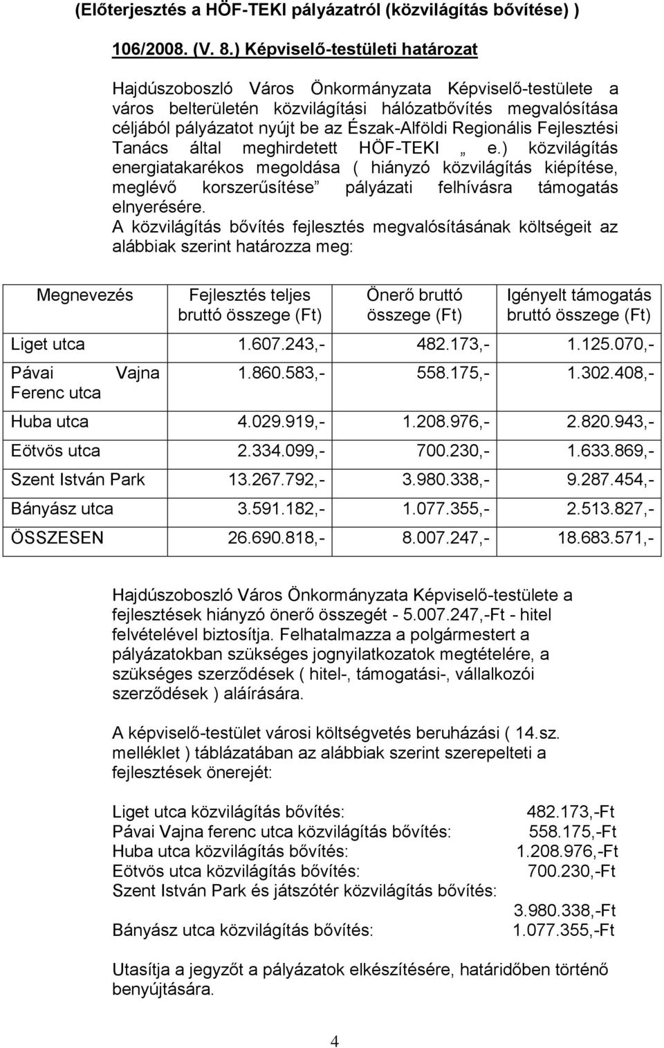 ) közvilágítás energiatakarékos megoldása ( hiányzó közvilágítás kiépítése, meglévő korszerűsítése pályázati felhívásra támogatás elnyerésére.