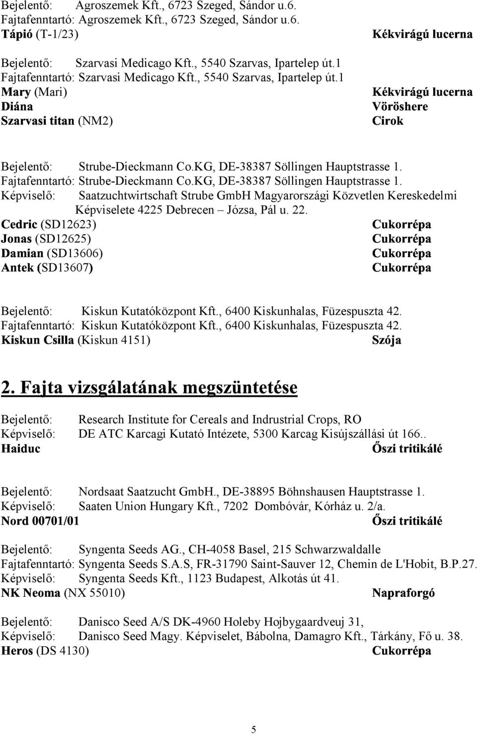 KG, DE-38387 Söllingen Hauptstrasse 1. Képviselő: Saatzuchtwirtschaft Strube GmbH Magyarországi Közvetlen Kereskedelmi Képviselete 4225 Debrecen Józsa, Pál u. 22.