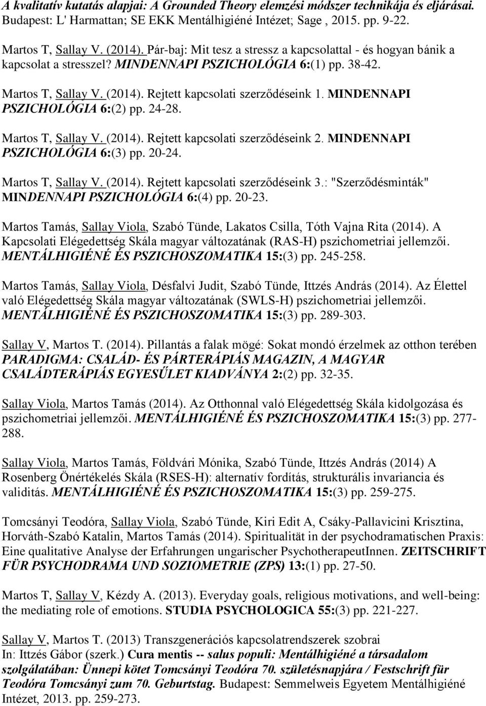 MINDENNAPI PSZICHOLÓGIA 6:(2) pp. 24-28. Martos T, Sallay V. (2014). Rejtett kapcsolati szerződéseink 2. MINDENNAPI PSZICHOLÓGIA 6:(3) pp. 20-24. Martos T, Sallay V. (2014). Rejtett kapcsolati szerződéseink 3.