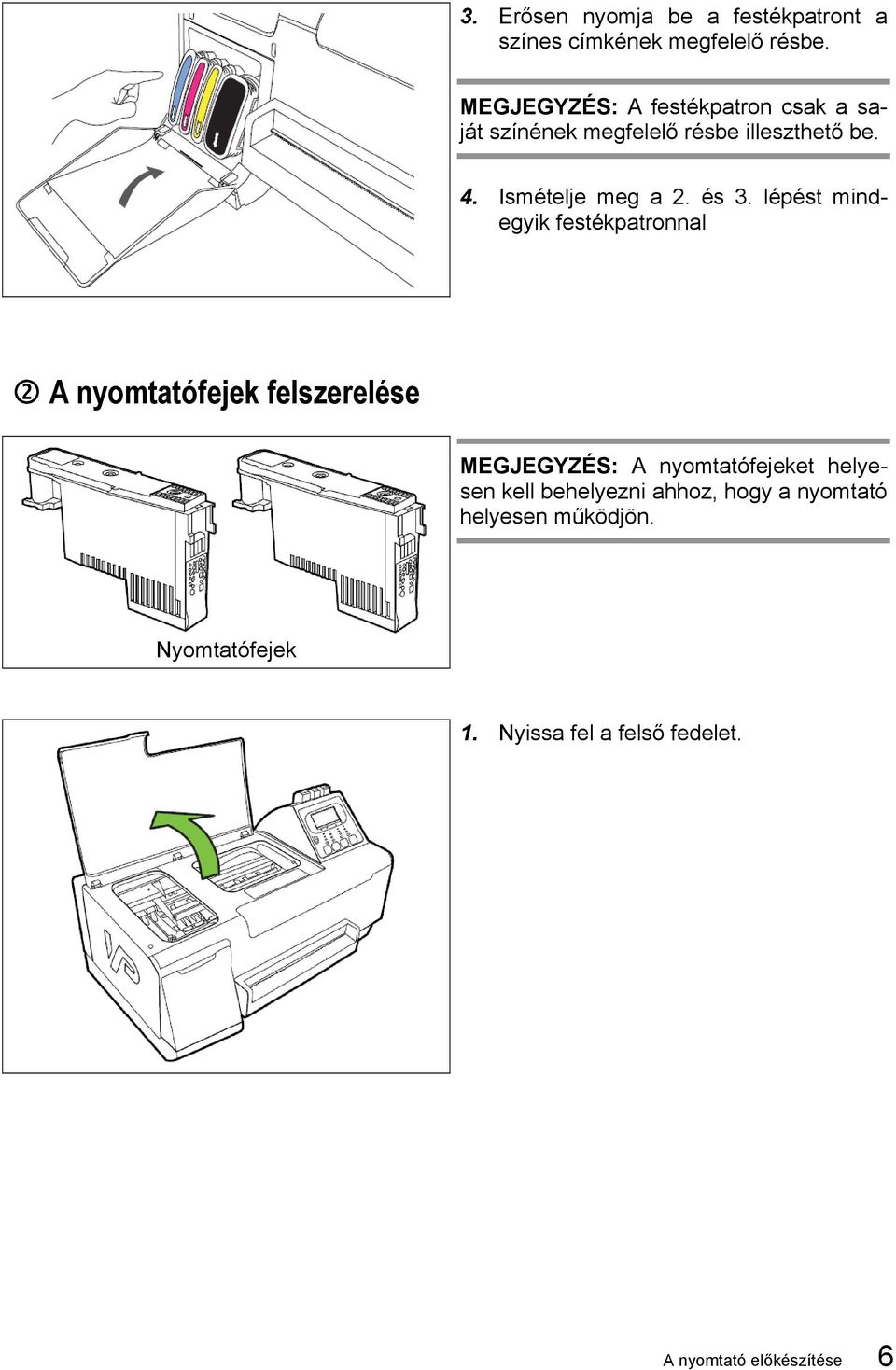 és 3. lépést mindegyik festékpatronnal A nyomtatófejek felszerelése MEGJEGYZÉS: A nyomtatófejeket