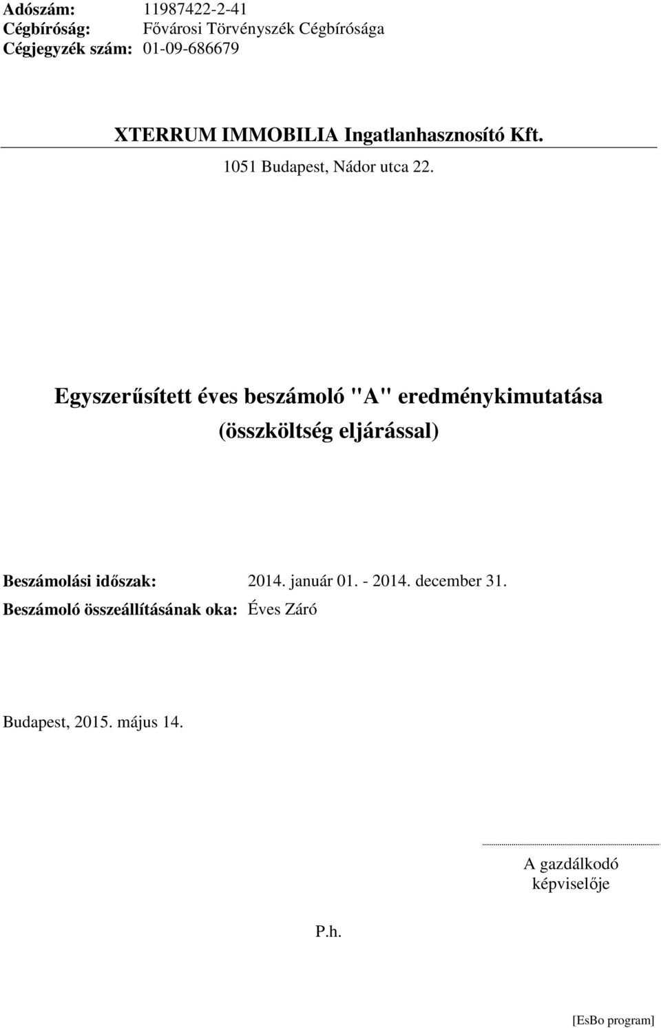 Egyszerűsített éves beszámoló "A" eredménykimutatása (összköltség eljárással) Beszámolási időszak: