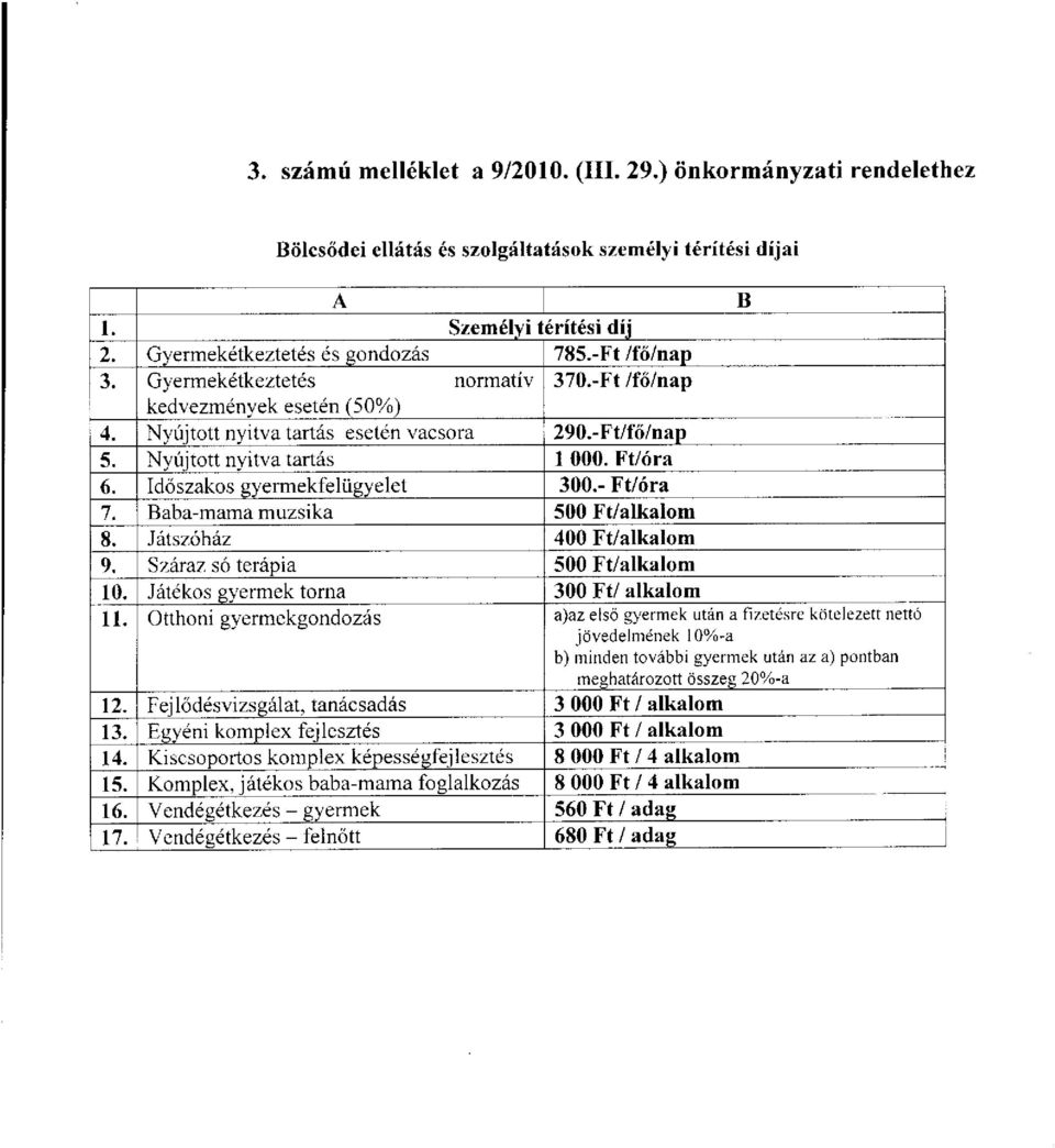 - Ft/óra 7. Baba-mama muzsika 500 Ft/alkalm 8. Játszóház 400 Ft/alkalm 9. Száraz só terápia 500 Ft/alkalm 10. Játéks gyermek trna 300 Ft/ alkalm 11.