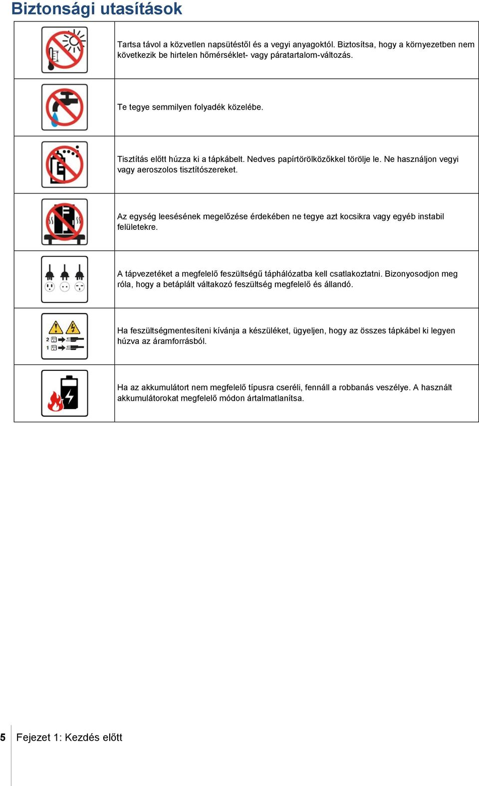Az egység leesésének megelőzése érdekében ne tegye azt kocsikra vagy egyéb instabil felületekre. A tápvezetéket a megfelelő feszültségű táphálózatba kell csatlakoztatni.