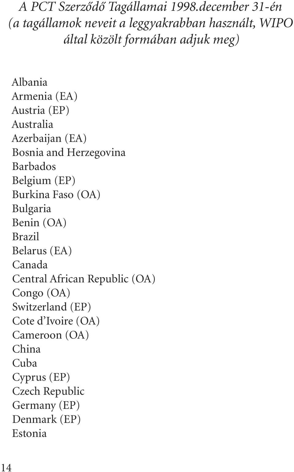 (EA) Austria (EP) Australia Azerbaijan (EA) Bosnia and Herzegovina Barbados Belgium (EP) Burkina Faso (OA) Bulgaria