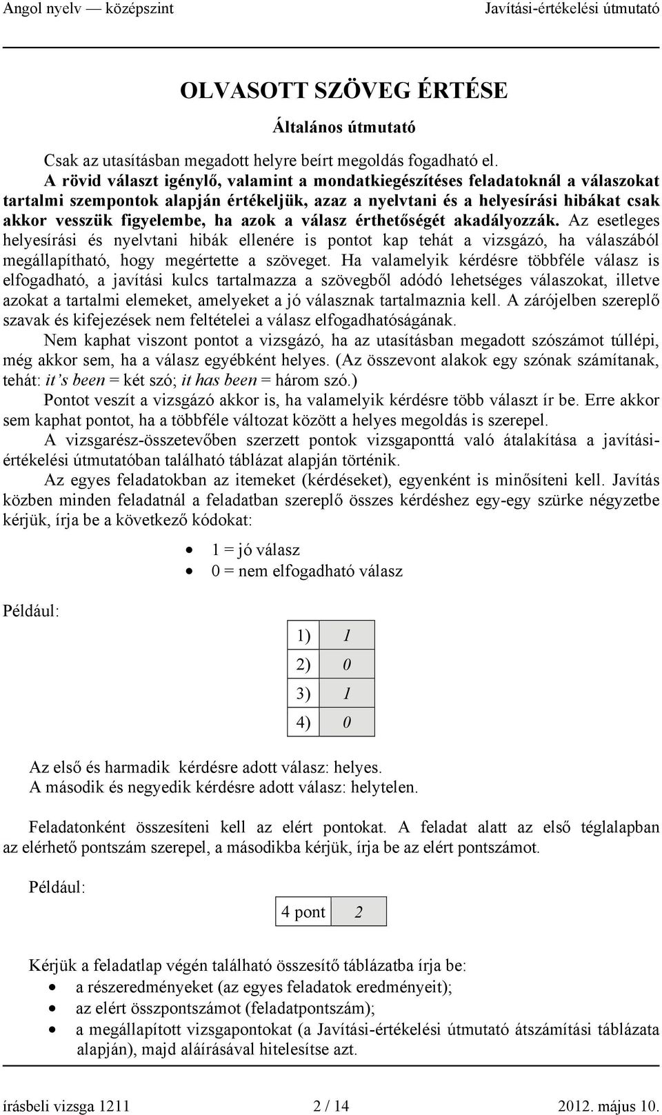 azok a válasz érthetőségét akadályozzák. Az esetleges helyesírási és nyelvtani hibák ellenére is pontot kap tehát a vizsgázó, ha válaszából megállapítható, hogy megértette a szöveget.