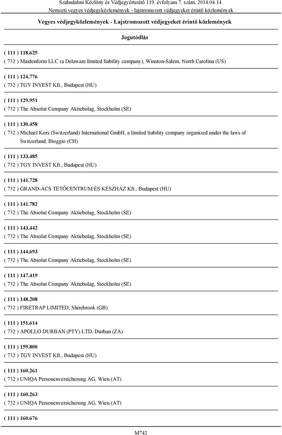 458 ( 732 ) Michael Kors (Switzerland) International GmbH, a limited liability company organized under the laws of Switzerland, Bioggio (CH) ( 111 ) 133.485 ( 111 ) 141.