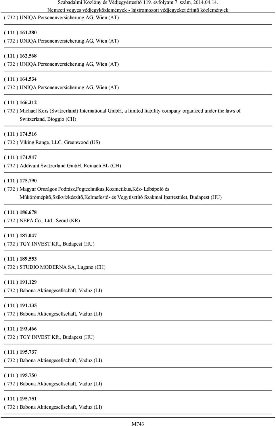 516 ( 732 ) Viking Range, LLC, Greenwood (US) ( 111 ) 174.947 ( 732 ) Addivant Switzerland GmbH, Reinach BL (CH) ( 111 ) 175.