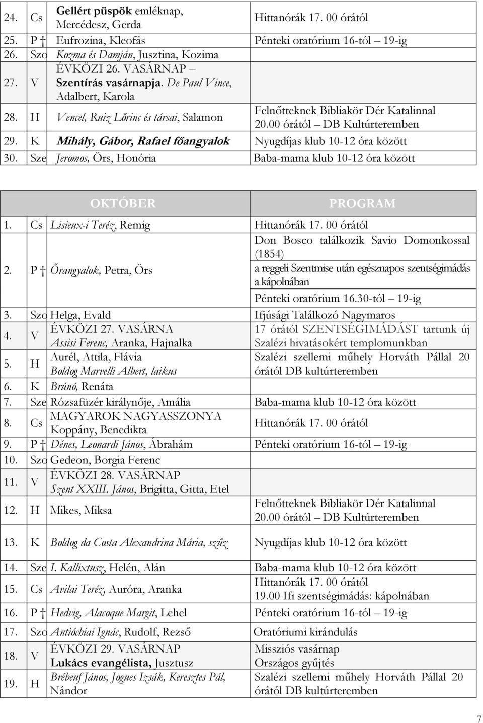 K Mihály, Gábor, Rafael főangyalok Nyugdíjas klub 10-12 óra között 30. Sze Jeromos, Örs, Honória Baba-mama klub 10-12 óra között OKTÓBER PROGRAM 1. Cs Lisieux-i Teréz, Remig Hittanórák 17.