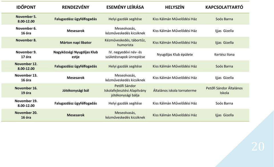 negyedévi név- és születésnapok ünneplése Nyugdíjas Klub épülete Kertész Ilona November 12. November 13. November 16. November 19.