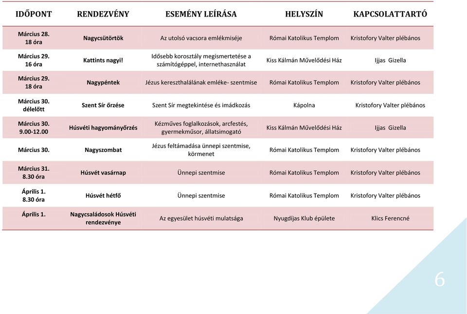 délelőtt Nagypéntek Jézus kereszthalálának emléke- szentmise Római Katolikus Templom Kristofory Valter plébános Szent Sír őrzése Szent Sír megtekintése és imádkozás Kápolna Kristofory Valter plébános