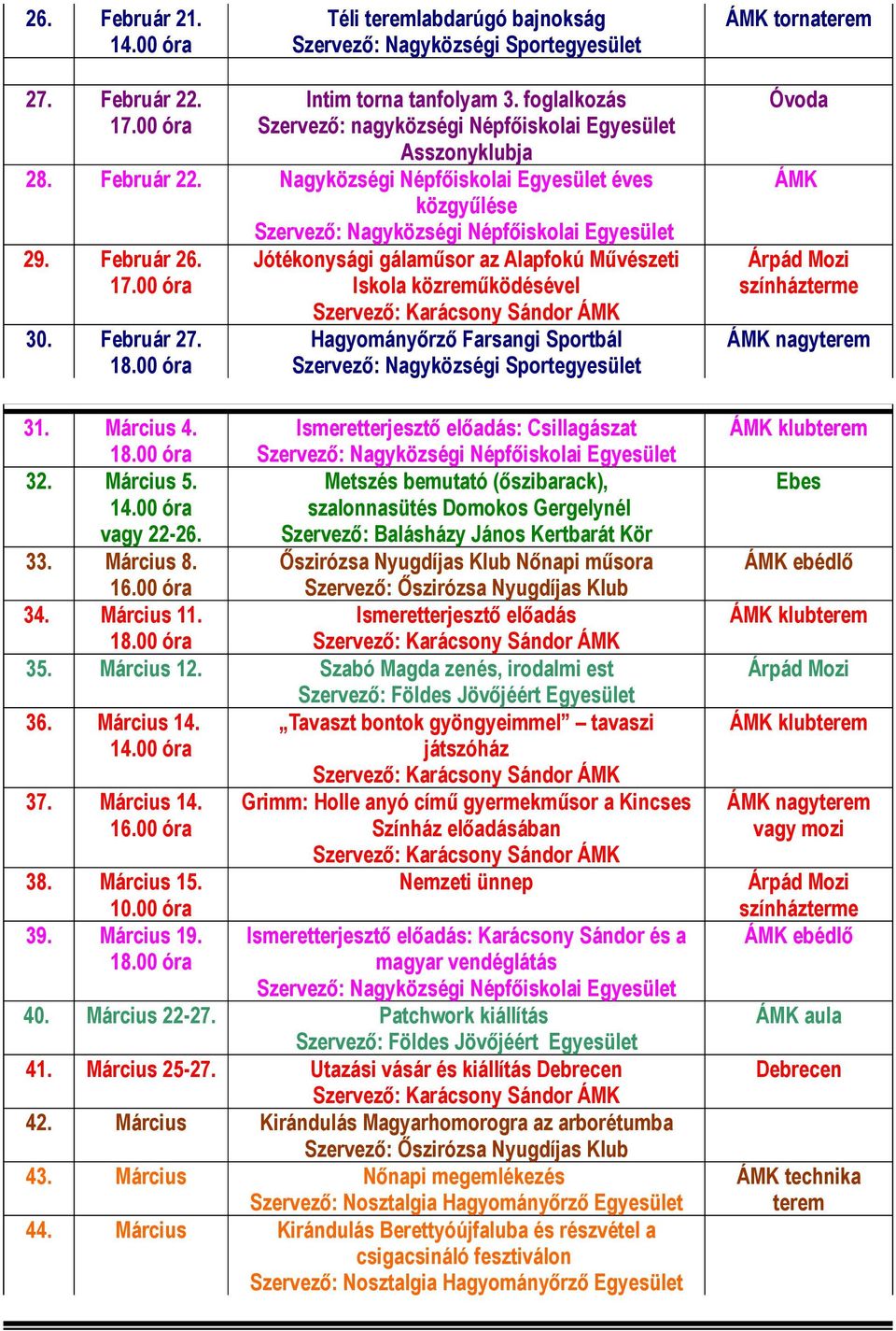 Metszés bemutató (őszibarack), szalonnasütés Domokos Gergelynél vagy 22-26. 33. Március 8. Őszirózsa Nyugdíjas Klub Nőnapi műsora 34. Március 11. Ismeretterjesztő előadás 35. Március 12.