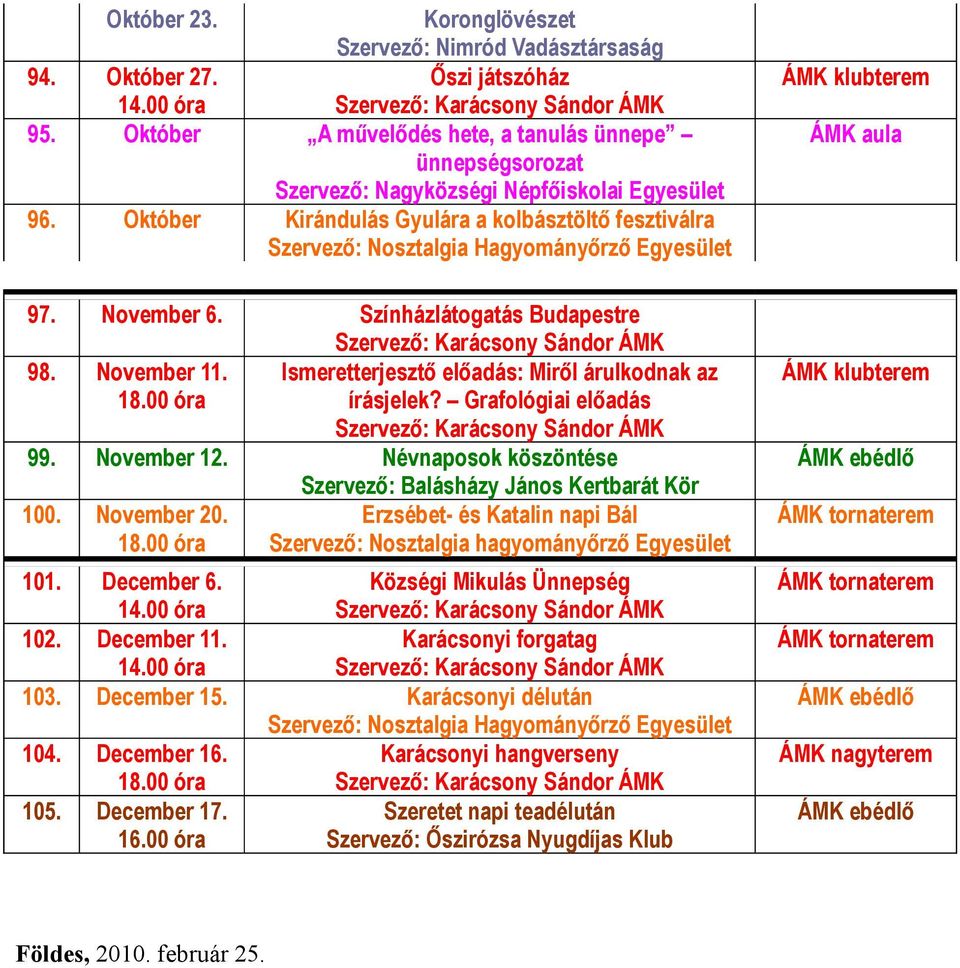 Grafológiai előadás 99. November 12. Névnaposok köszöntése 100. November 20. Erzsébet- és Katalin napi Bál Szervező: Nosztalgia hagyományőrző Egyesület 101. December 6.