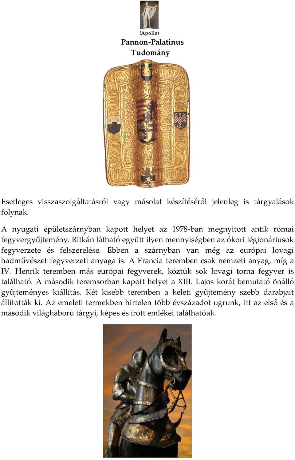 A Francia teremben csak nemzeti anyag, míg a IV. Henrik teremben m{s európai fegyverek, köztük sok lovagi torna fegyver is tal{lható. A m{sodik teremsorban kapott helyet a XIII.