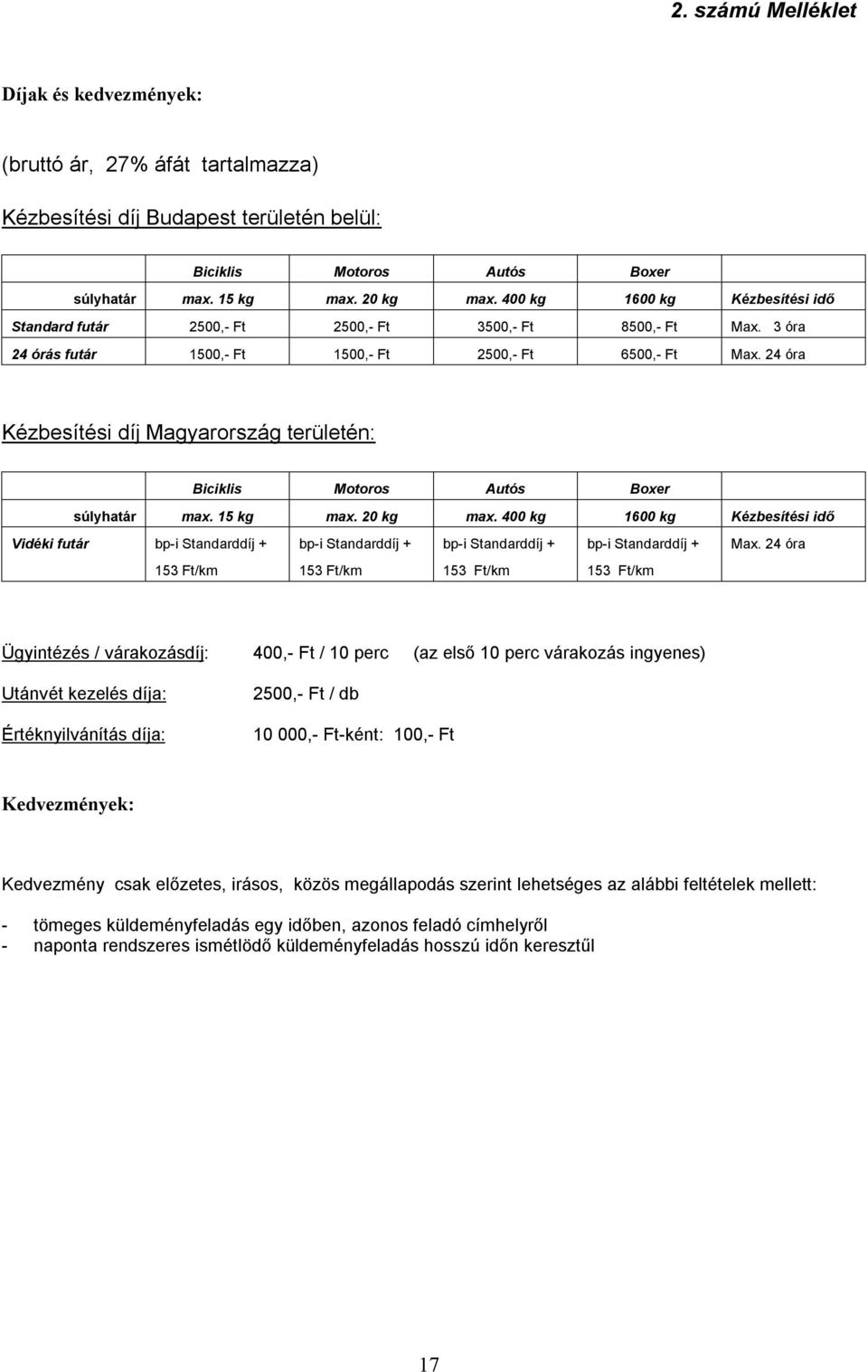 24 óra Kézbesítési díj Magyarország területén: Biciklis Motoros Autós Boxer súlyhatár max. 15 kg max. 20 kg max.