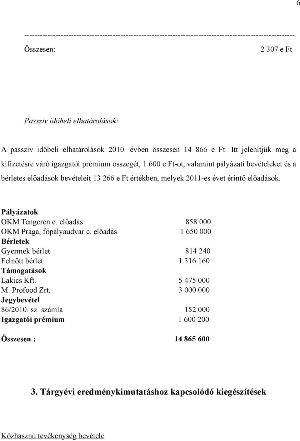 Itt jelenítjük meg a kifizetésre váró igazgatói prémium összegét, 1 600 e Ft-ot, valamint pályázati bevételeket és a bérletes előadások bevételeit 13 266 e Ft értékben, melyek 2011-es évet érintő