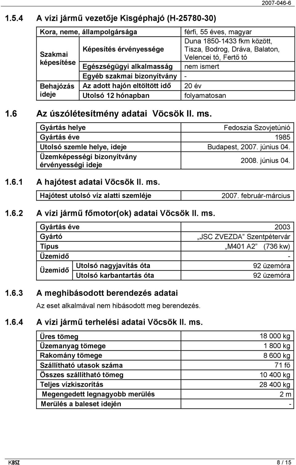 6 Az úszólétesítmény adatai Vöcsök II. ms. Gyártás helye Fedoszia Szovjetúnió Gyártás éve 1985 Utolsó szemle helye, ideje Budapest, 2007. június 04. Üzemképességi bizonyítvány érvényességi ideje 2008.