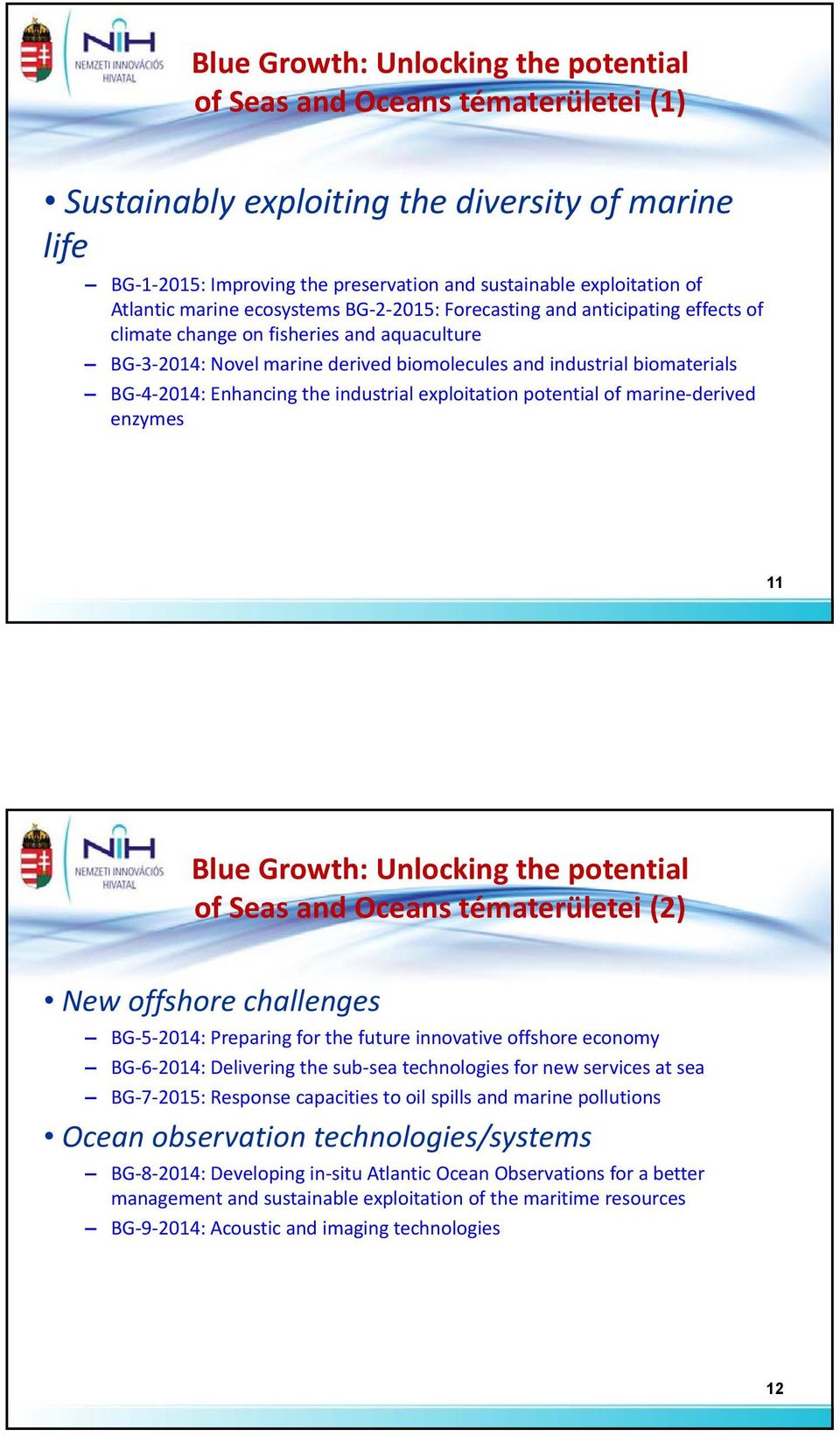2014: Enhancing the industrial exploitation potential of marine derived enzymes 11 Blue Growth: Unlocking the potential of Seas and Oceans tématerületei (2) New offshore challenges BG 5 2014: