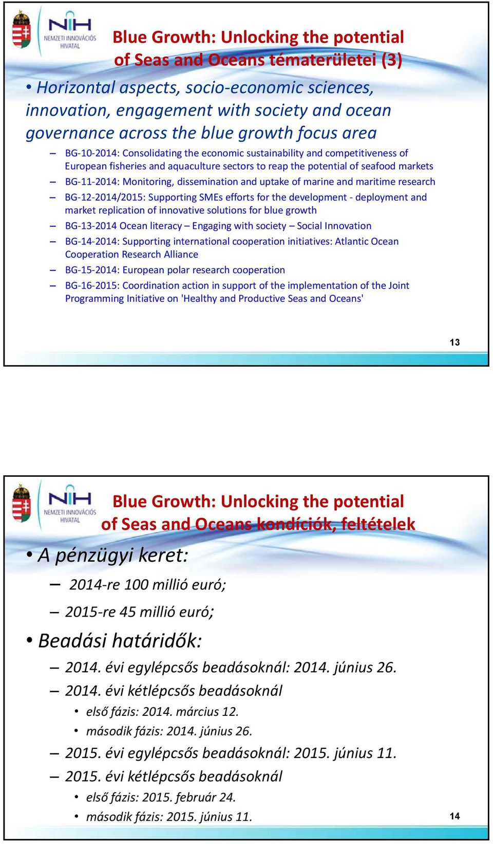 dissemination and uptake of marine and maritime research BG 12 2014/2015: Supporting SMEs efforts for the development deployment and market replication of innovative solutions for blue growth BG 13