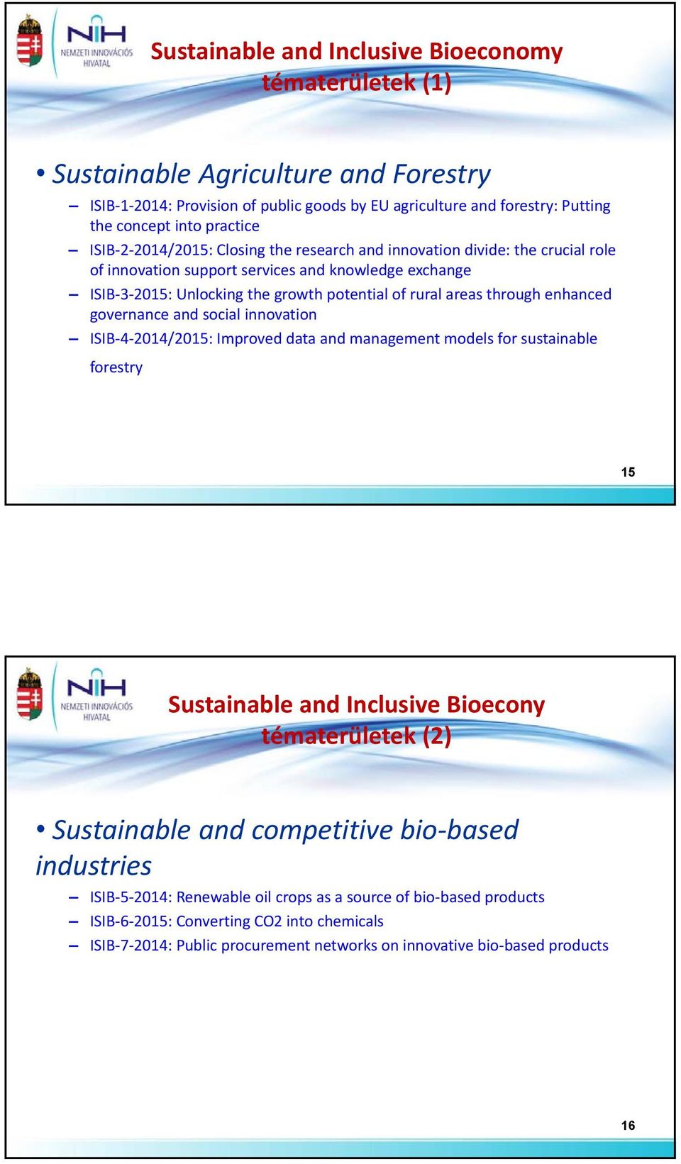 enhanced governance and social innovation ISIB 4 2014/2015: Improved data and management models for sustainable forestry 15 Sustainable and Inclusive Bioecony tématerületek (2) Sustainable and