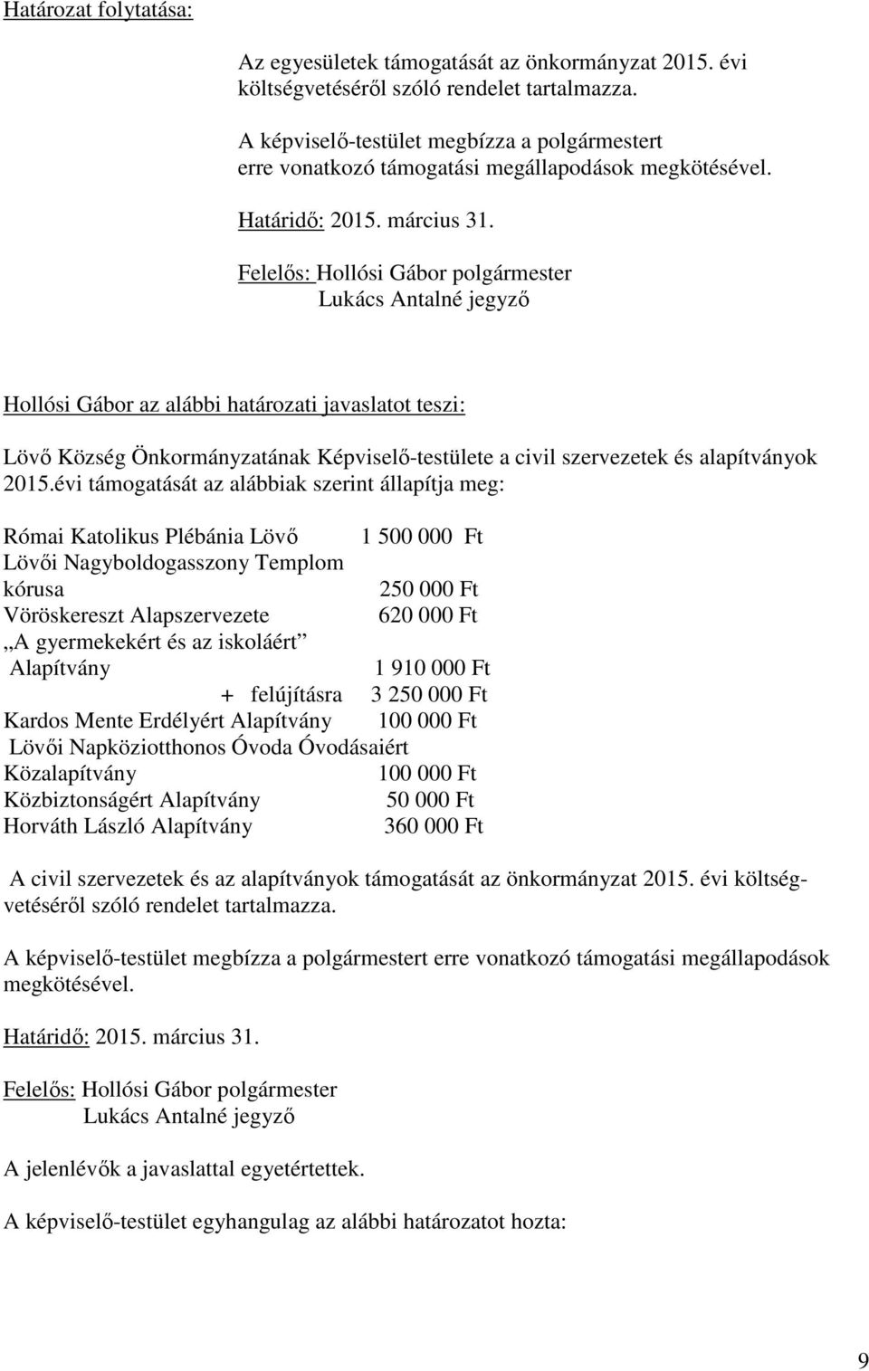 Hollósi Gábor az alábbi határozati javaslatot teszi: Lövő Község Önkormányzatának Képviselő-testülete a civil szervezetek és alapítványok 2015.