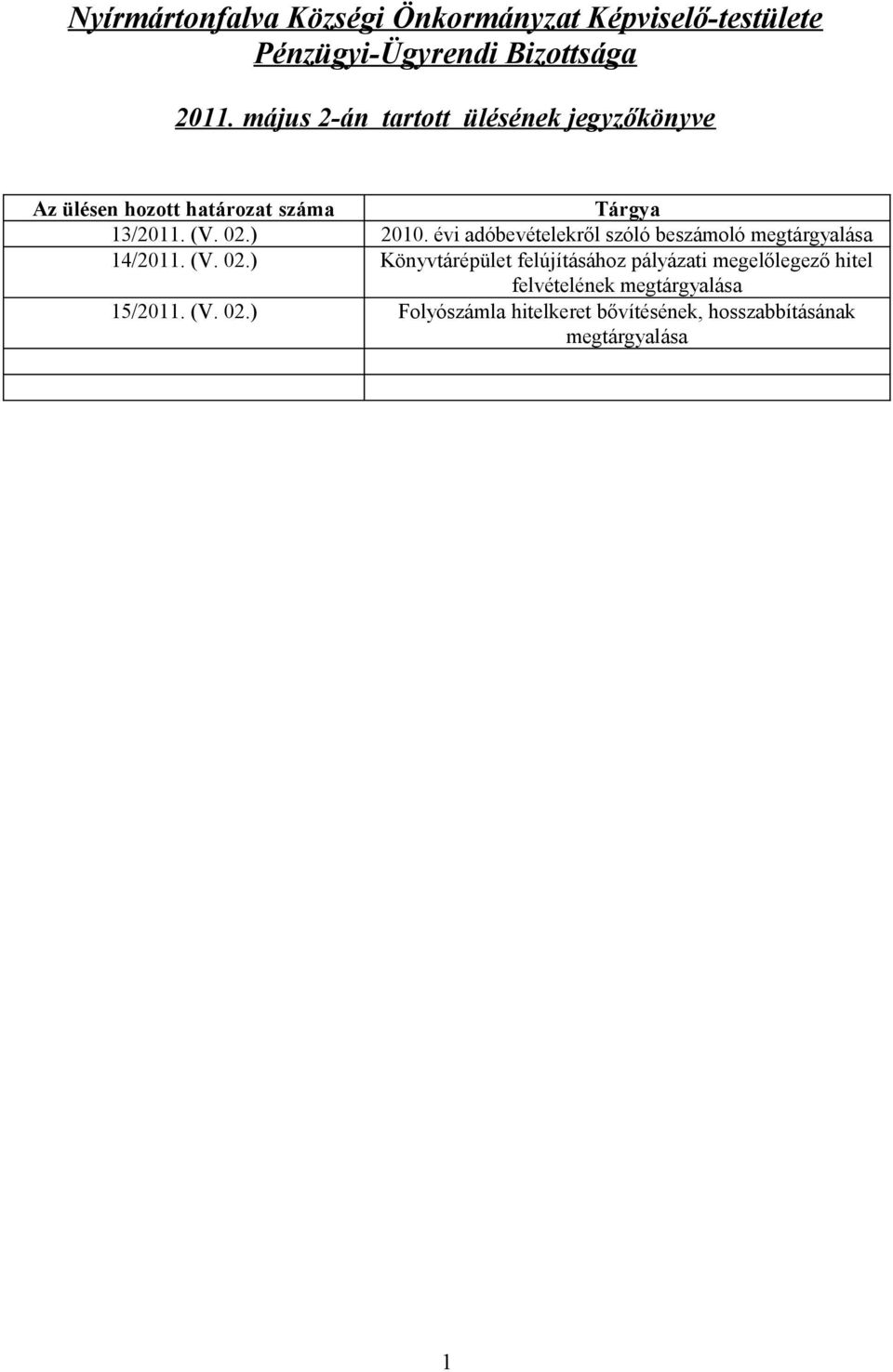 évi adóbevételekről szóló beszámoló megtárgyalása 14/2011. (V. 02.