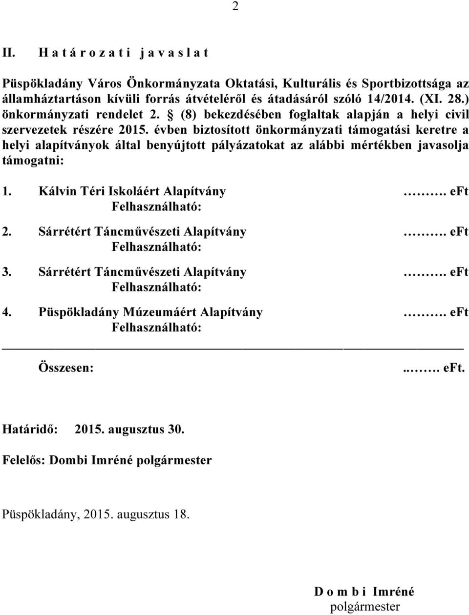 évben biztosított önkormányzati i keretre a helyi alapítványok által benyújtott pályázatokat az alábbi mértékben javasolja támogatni: 1. Kálvin Téri Iskoláért. eft 2.