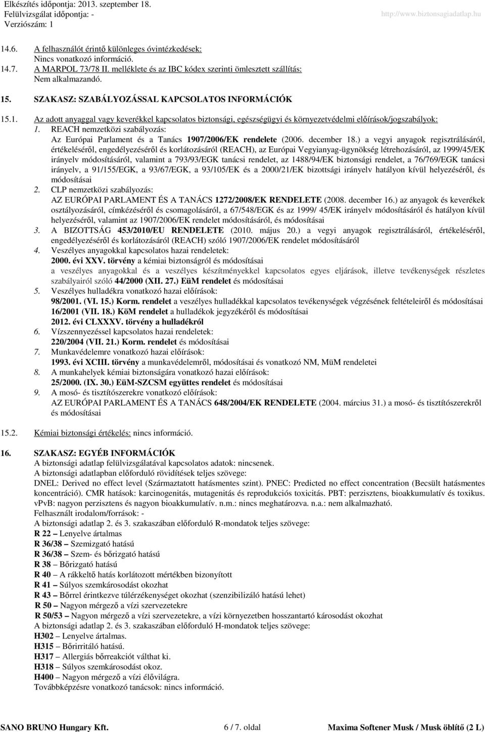 REACH nemzetközi szabályozás: Az Európai Parlament és a Tanács 1907/2006/EK rendelete (2006. december 18.