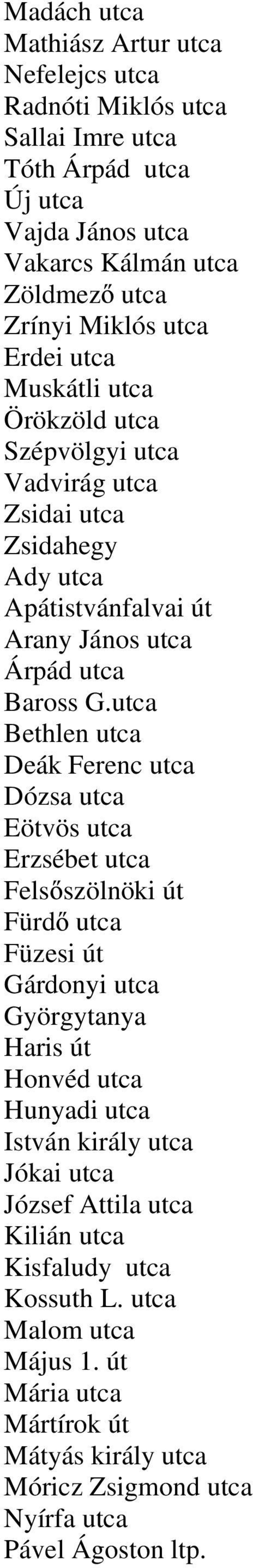 utca Bethlen utca Deák Ferenc utca Dózsa utca Eötvös utca Erzsébet utca Fels szölnöki út Fürd utca Füzesi út Gárdonyi utca Györgytanya Haris út Honvéd utca Hunyadi utca István