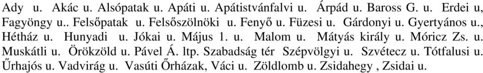 Május 1. u. Malom u. Mátyás király u. Móricz Zs. u. Muskátli u. Örökzöld u. Pável Á. ltp.