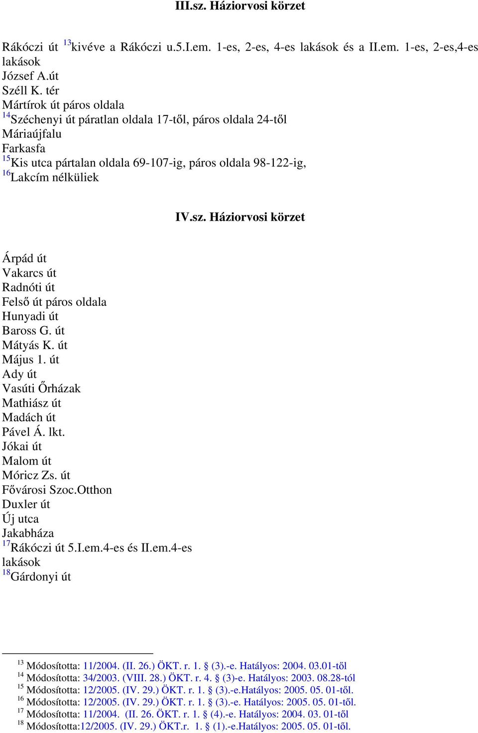 Háziorvosi körzet Árpád út Vakarcs út Radnóti út Fels út páros oldala Hunyadi út Baross G. út Mátyás K. út Május 1. út Ady út Vasúti rházak Mathiász út Madách út Pável Á. lkt.