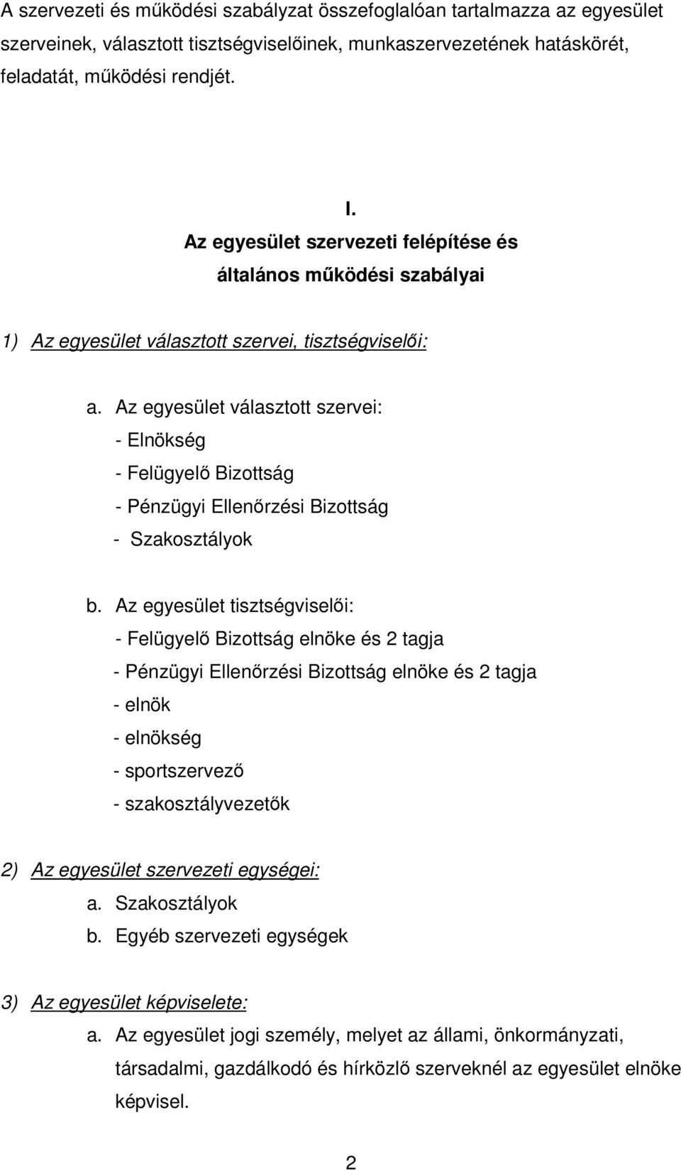 Az egyesület választott szervei: - Elnökség - Felügyelő Bizottság - Pénzügyi Ellenőrzési Bizottság - Szakosztályok b.