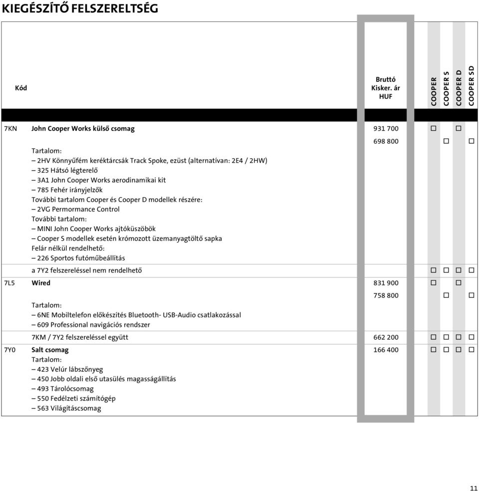 üzemanyagtöltô sapka Felár nélkül rendelhetô: 226 Sportos futómûbeállítás a 7Y2 felszereléssel nem rendelhetô o o o o 7L5 Wired 831 900 o o 758 800 o o Tartalom: 6NE Mobiltelefon elôkészítés
