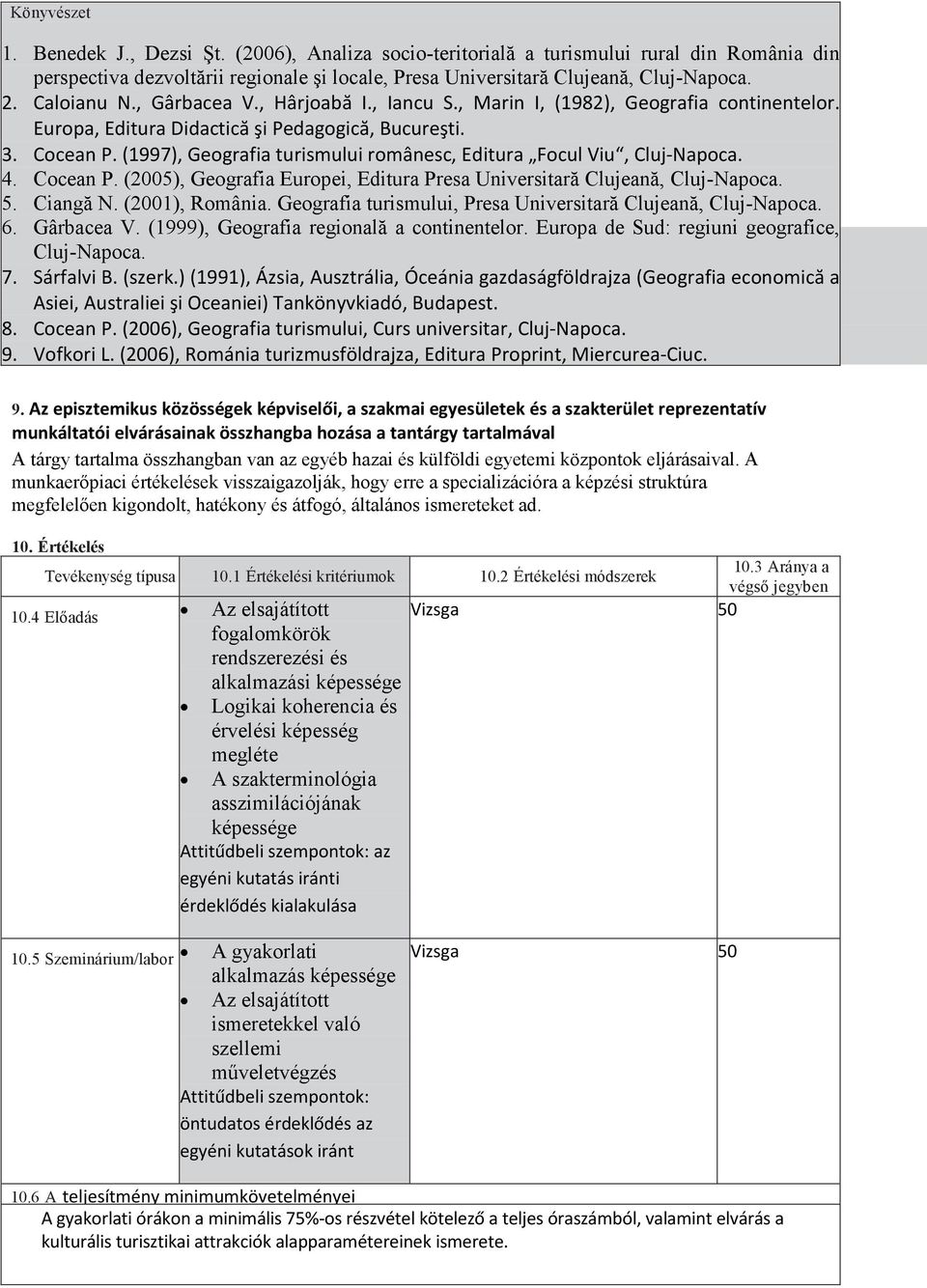 (1997), Geografia turismului românesc, Editura Focul Viu, Cluj-Napoca. 4. Cocean P. (2005), Geografia Europei, Editura Presa Universitară Clujeană, Cluj-Napoca. 5. Ciangă N. (2001), România.