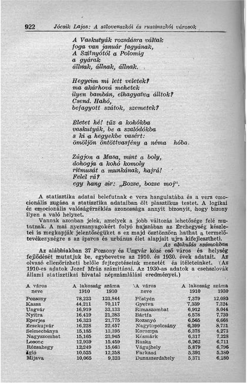 tűz a kohókba vaskutyák, be a szálódókba s ki u hegyekbe vasért: ömöljön öntöttvasfény a néma hóba. Zúgjon a Masa, mint a boly, dohogja a kohó komoly ritmusát a munkának, hajrá! Felél rá?